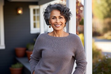 Wall Mural - Portrait of a happy indian woman in her 60s dressed in a warm wool sweater isolated in stylized simple home office background