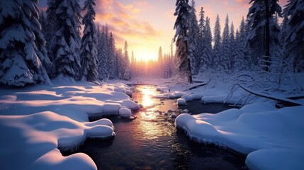 A river with snow on the banks and trees in the background