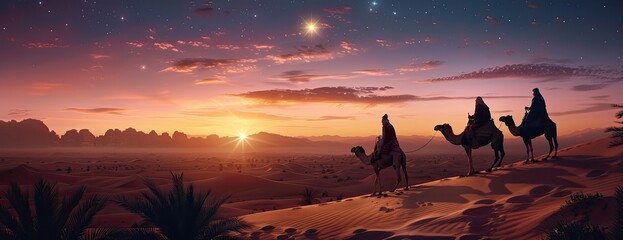 Wall Mural - Three wise men ride camels in the desert during sunset