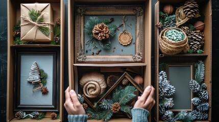 Wall Mural - A person is holding a box of Christmas decorations, including pine cones