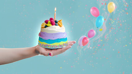 A hand holding a celebration birthday cake. trendy collage design style