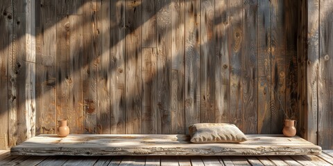 Wall Mural - Rustic Wooden Shelf with Pillow and Pots