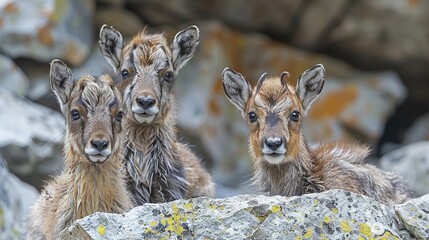 Canvas Print - Three Young Mountain Goats Looking at the Camera