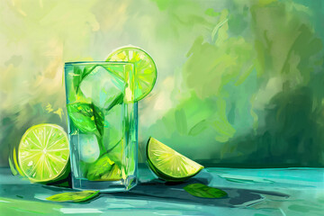 Wall Mural - Refreshing mojito with lime wedges and mint leaves 