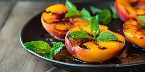 Wall Mural - Juicy grilled peach with caramelized edges and fresh mint 