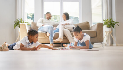 Poster - Relax, family and kids in lounge, happy and learning of children, girl and smile of writing in notebook. Playful, boy and toy on floor, parents and together on couch, joy and rest for weekend in home