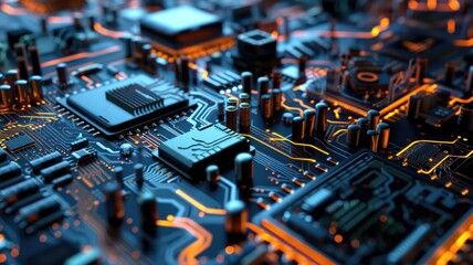 A detailed perspective of a sophisticated circuit board featuring a illuminated microchip and electronic parts. AIG53M