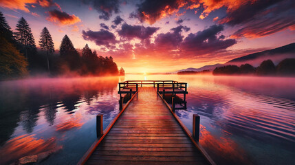 A tranquil scene with a wooden dock, vibrant sunrise colors, and mist rising from the water.