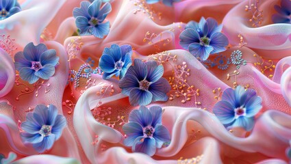 Wall Mural - Dreamy Digital Blue Flowers Blooming on Pink Fabric Backdrop