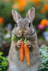 Wall Mural - Cute bunny eating big carrot