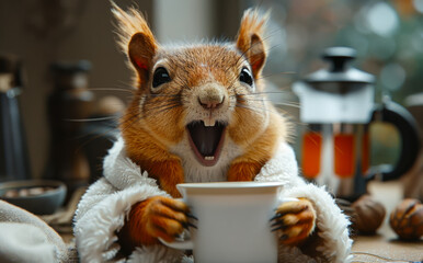 Wall Mural - Red squirrel is sitting at the table with cup of coffee