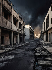 Wall Mural - War-ravaged city, empty burnt-up streets.