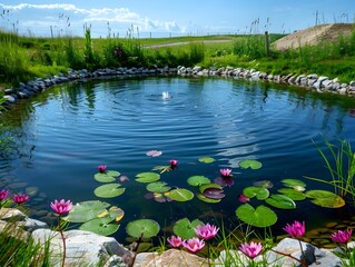 Canvas Print - Tranquil Ecological Pond for Urban Wastewater Treatment and Environmental Conservation