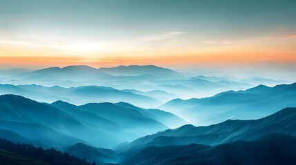 Poster - Misty Mountain Range at Sunrise with Silhouetted Peaks and Soft Sky Tones Depicting Tranquil Landscape Serenity