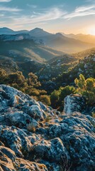 Poster - Golden Hour Casts Long Shadows Over a Rocky Mountain Landscape with Natural Serenity