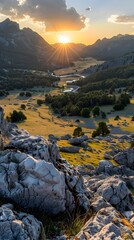 Canvas Print - Majestic Mountain Landscape with Glowing Sunset and Dramatic Shadows