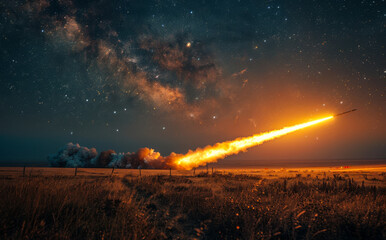 Surface-to-air missile launches in the sky. Nighttime operation of a missile launcher