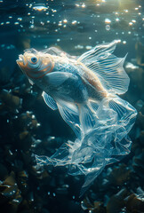 Fish swims in the water with plastic bags. Plastic pollution concept