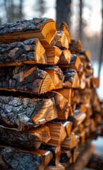 Wall Mural - Firewood is prepared for the winter stacks of firewood. Stacked pile of firewood timber