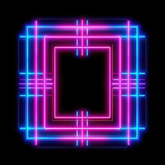 Abstract picture of mysterious geometric shape portal with digital style neon light reflecting set against dark tone background, create futuristic visual ideal for design science fiction frame. AIG35.