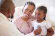 © peopleimages.com - Black people, mother and girl with doctor stethoscope for healthcare consultation and healthy lungs in hospital. African mama, young child and male pediatrician with check breathing for wellness