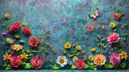 Wall Mural - Dreamlike Digital Flowers and Butterflies in Vibrant Ornate Patterns