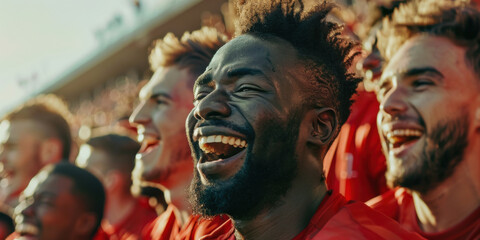 Wall Mural - A group of enthusiastic fans in red shirts celebrate and cheer joyfully at a stadium, showcasing excitement and camaraderie.