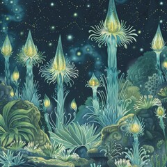 Wall Mural - Glowing Flowers in a Night Sky for Fantasy or Magical Designs