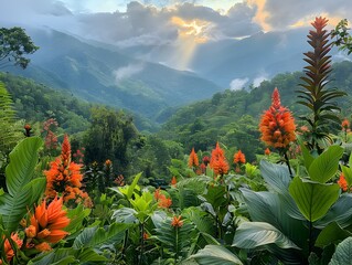 Canvas Print - Vibrant Tropical Mountain Jungle Landscape with Lush Foliage and Stunning Scenery