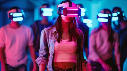 A group of people wearing VR headsets are standing in a room