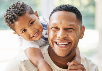 Wall Mural - Boy, father and portrait in home with love, smile and bonding with affection on weekend for safety or security. Dad, son and sofa in living room with trust or hug, together and relax with care or joy