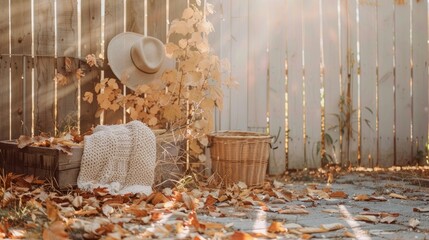 Wall Mural - Golden sunlight, fallen leaves, and a rustic fence