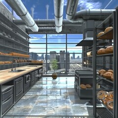 Wall Mural - Modern industrial bakery kitchen with city view