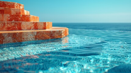 Gentle sunlight casts a warm glow on the orange tiled pool steps that lead to the vast blue sea