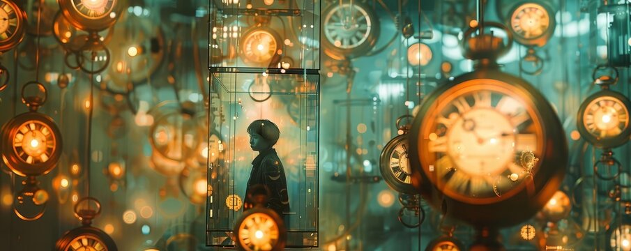A person trapped in a glass box, surrounded by floating clocks, steampunk, high contrast, illustration