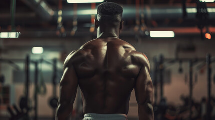 Sticker - A muscular man stands with his back facing the camera in a dimly-lit gym, showcasing his strength and dedication.