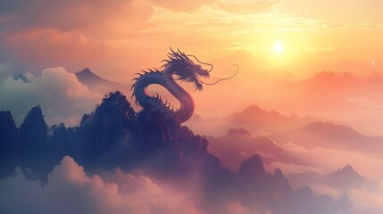 Majestic Chinese Dragon Coiled Around Misty Mountain Peaks at Sunrise