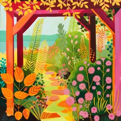 Wall Mural - Summer Garden Path Illustration For Wedding Invitations Or Floral Designs