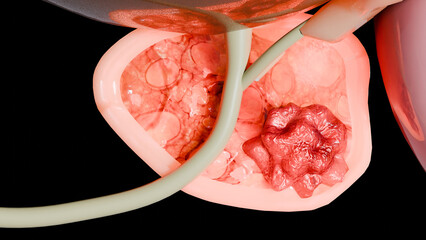 prostate cancer stages. ancerous cells, malignant tumor compresses urethra. pathological disruption,