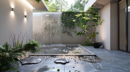Wall Mural - Minimalist patio with a chic water feature and gentle waterfall.
