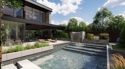 Wall Mural - Modern backyard with a sophisticated water feature and cascading waterfall.