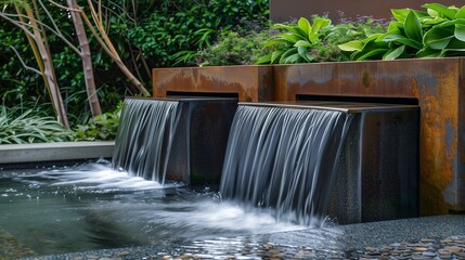 Wall Mural - Modern outdoor design with a serene water fountain and flowing waterfall.