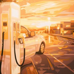 Wall Mural - Vintage Gas Station Illustration With Sunset