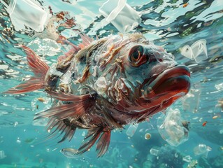 Medium shot of A sea fish is swimming through an ocean filled with plastic waste, highlighting the impact of human activity on marine life and their environment