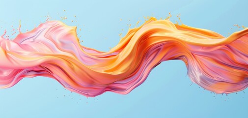 Poster - Pink and orange liquid paint splashes create a colorful wave shape with a reflection, isolated on a blue background, resulting in a vibrant and dynamic abstract visual.