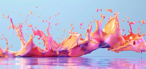 Poster - An energetic splash of colorful liquid paint with a reflection, set against a blue background, forming an abstract wave shape in pink and orange tones.