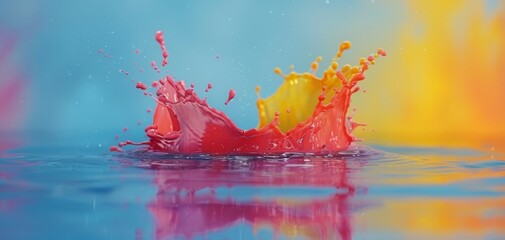 Poster - Vibrant liquid paint splashes with a reflection, isolated on a blue background, create a dynamic and colorful visual scene.