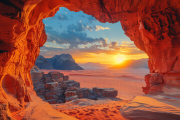 beautiful cave in desert with orange and blue colors at sunset. golden light through the entrance. rock formations and sand dunes. epic fantasy scene