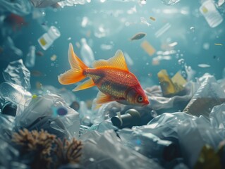 Wall Mural - Medium shot of A sea fish is swimming through an ocean filled with plastic waste, highlighting the impact of human activity on marine life and their environment