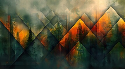 An abstract background featuring a geometric jungle with green and brown parallelograms, vibrant hues of forest green and sepia brown, hd quality, digital art, high contrast, geometric design.